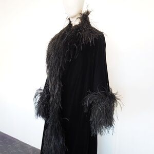 Dior Vintage 1970's full length velvet coat with ostrich feather cuffs and trim